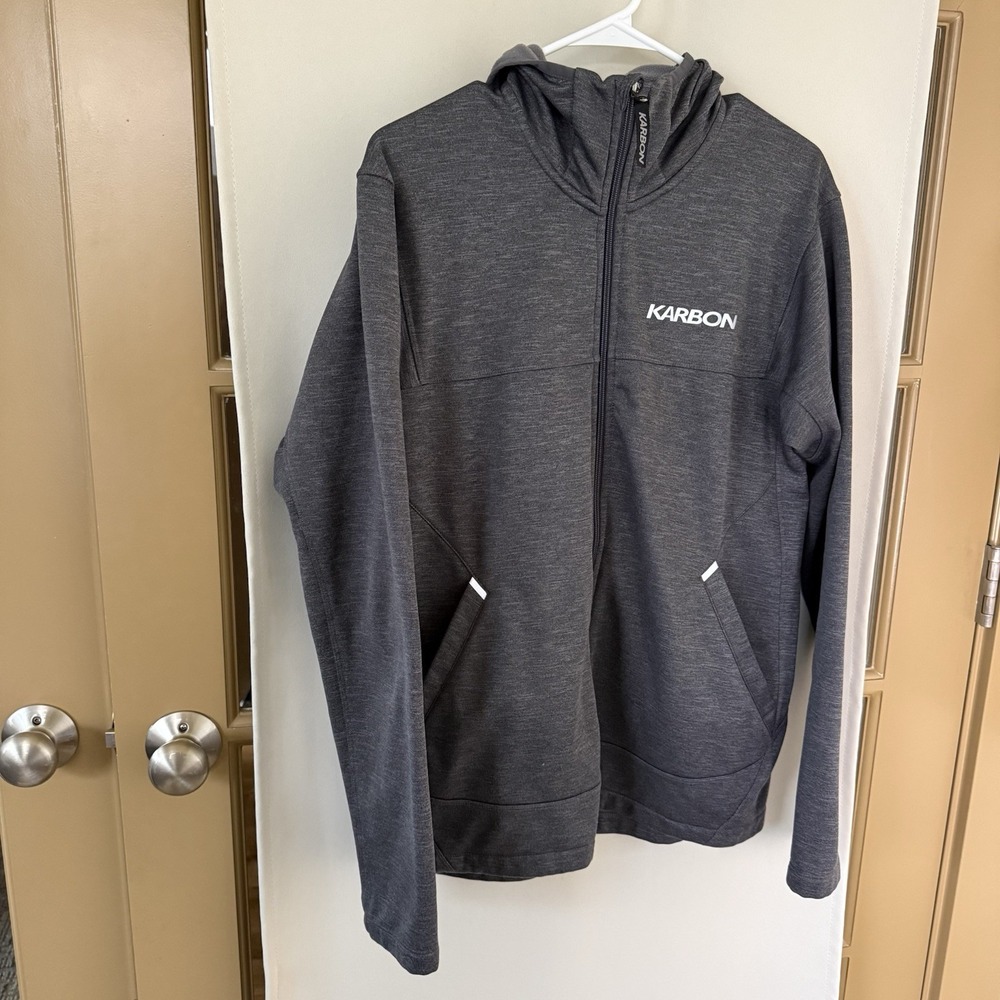 Karbon Men's Large Grey Full Zip Up‎ Hoodie Sweatshirt Logo Pockets
